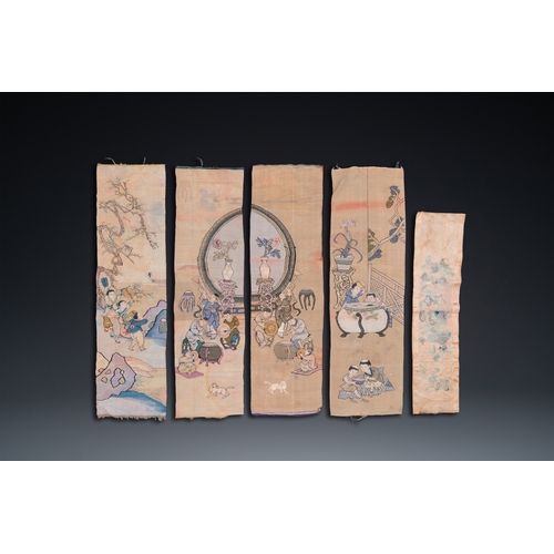 443 - Five Chinese embroidered silk panels, 19th C.Dim.: 216,5 x 71 cm (the largest embroidery, incl. the ... 