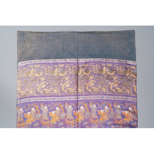 443 - Five Chinese embroidered silk panels, 19th C.Dim.: 216,5 x 71 cm (the largest embroidery, incl. the ... 