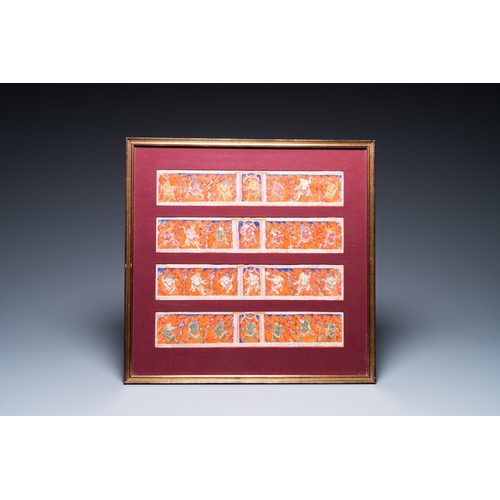 446 - Eight tsaklis and three painted wood book covers, Tibet, 19th C.Dim.: 50,5 x 40,5 cm (the frame)Dim.... 