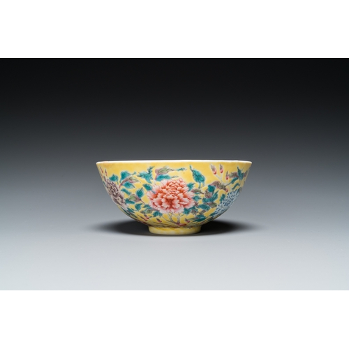 461 - A Chinese famille rose yellow-ground bowl with floral design, Yongzheng mark but probably laterDia.:... 