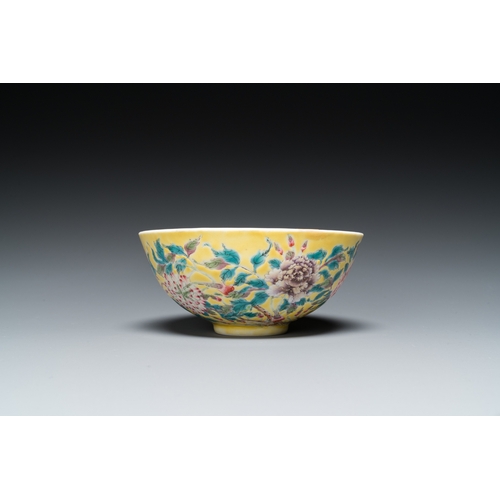 461 - A Chinese famille rose yellow-ground bowl with floral design, Yongzheng mark but probably laterDia.:... 