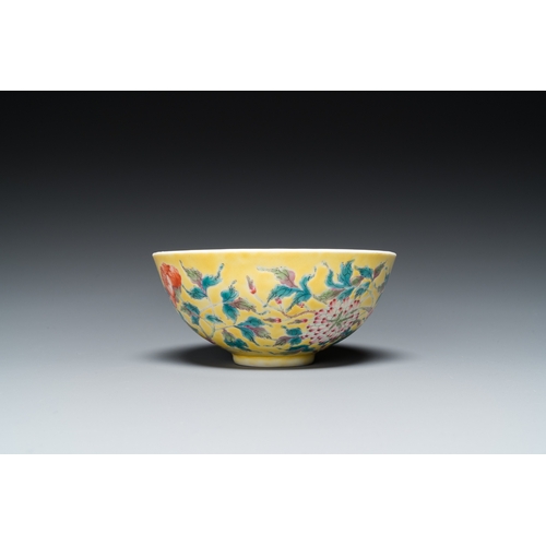 461 - A Chinese famille rose yellow-ground bowl with floral design, Yongzheng mark but probably laterDia.:... 