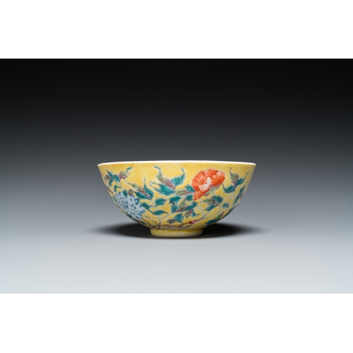 461 - A Chinese famille rose yellow-ground bowl with floral design, Yongzheng mark but probably laterDia.:... 