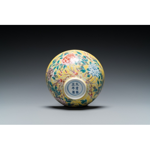 461 - A Chinese famille rose yellow-ground bowl with floral design, Yongzheng mark but probably laterDia.:... 