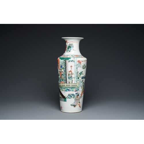 463 - A fine Chinese famille verte rouleau vase with narrative design, 19th C.H.: 58 cm