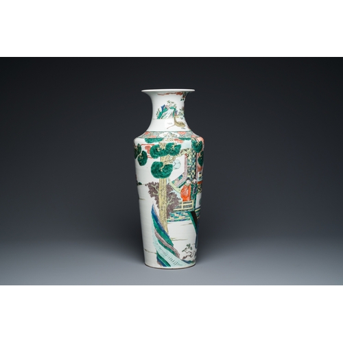 463 - A fine Chinese famille verte rouleau vase with narrative design, 19th C.H.: 58 cm