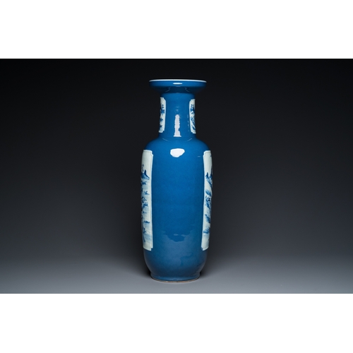 467 - A Chinese blue-ground rouleau vase with blue and white landscape panels, 19th C.H.: 63,5 cm
 
 Prove... 