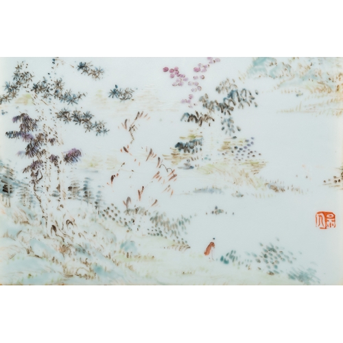 474 - A Chinese qianjiangcai 'mountainous landscape' plaque, 19th C.Dim.: 39,5 x 26,5 cm (the frame)Dim.: ... 