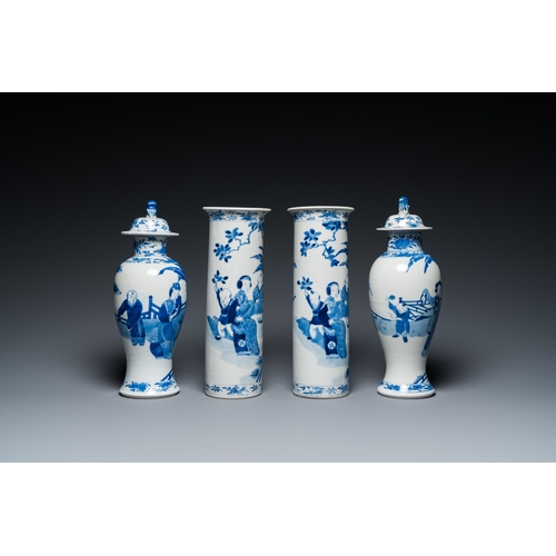 475 - A Chinese blue and white garniture of five vases with ladies and boys, Kangxi mark, 19th C.H.: 32,5 ... 