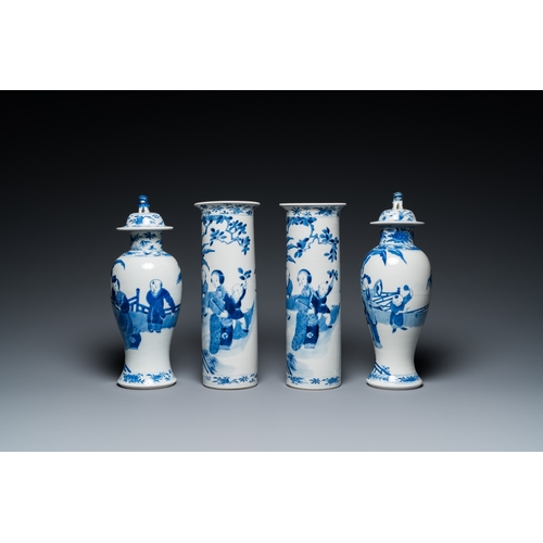 475 - A Chinese blue and white garniture of five vases with ladies and boys, Kangxi mark, 19th C.H.: 32,5 ... 