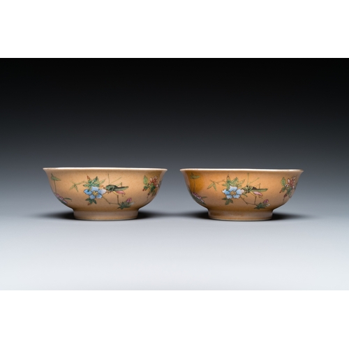 481 - A pair of Chinese cafe-au-lait-ground famille rose 'grasshopper' bowls, Daoguang mark and of the per... 