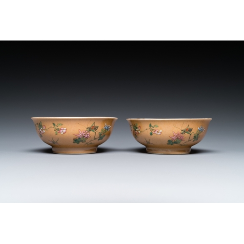 481 - A pair of Chinese cafe-au-lait-ground famille rose 'grasshopper' bowls, Daoguang mark and of the per... 