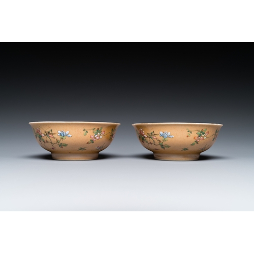 481 - A pair of Chinese cafe-au-lait-ground famille rose 'grasshopper' bowls, Daoguang mark and of the per... 