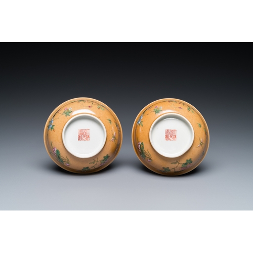 481 - A pair of Chinese cafe-au-lait-ground famille rose 'grasshopper' bowls, Daoguang mark and of the per... 