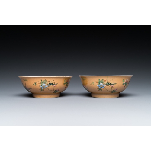 482 - A pair of Chinese cafe-au-lait-ground famille rose 'grasshopper' bowls, Daoguang mark and of the per... 