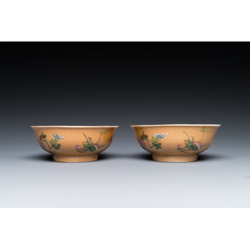 482 - A pair of Chinese cafe-au-lait-ground famille rose 'grasshopper' bowls, Daoguang mark and of the per... 