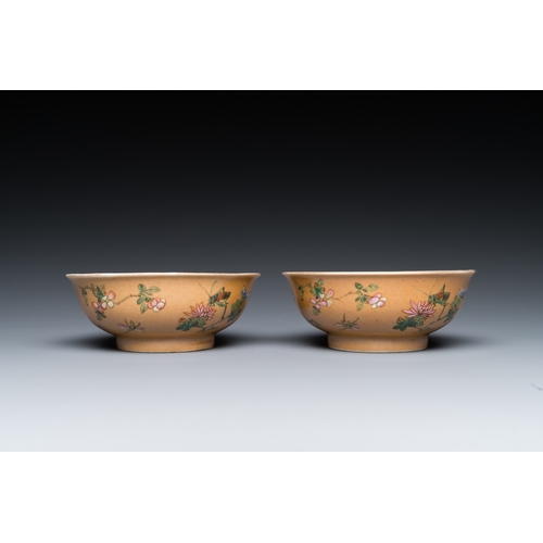 482 - A pair of Chinese cafe-au-lait-ground famille rose 'grasshopper' bowls, Daoguang mark and of the per... 