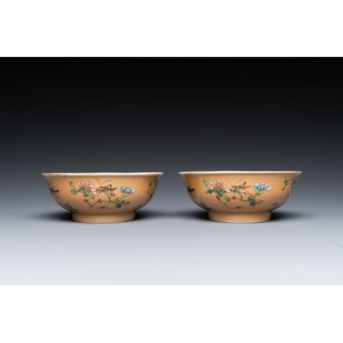 482 - A pair of Chinese cafe-au-lait-ground famille rose 'grasshopper' bowls, Daoguang mark and of the per... 