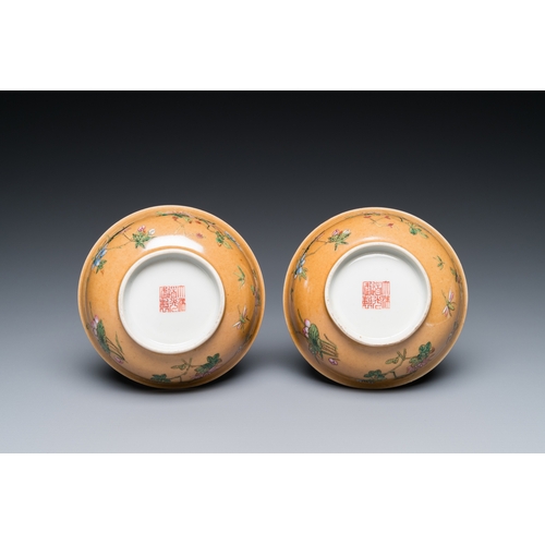 482 - A pair of Chinese cafe-au-lait-ground famille rose 'grasshopper' bowls, Daoguang mark and of the per... 