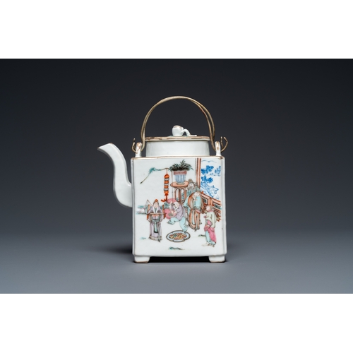 485 - A square Chinese famille rose 'scholars' teapot, signed Jiang Yuqing è£çå¿, Tongzhi mark and of ... 