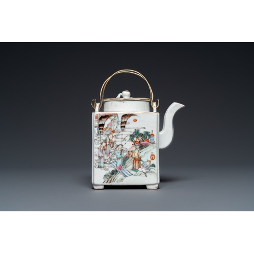 485 - A square Chinese famille rose 'scholars' teapot, signed Jiang Yuqing è£çå¿, Tongzhi mark and of ... 