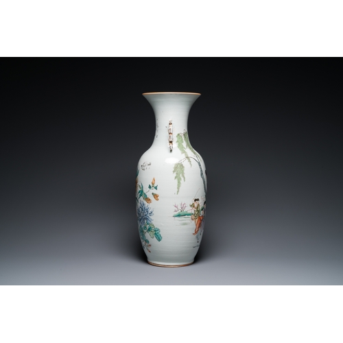 487 - A Chinese famille rose two-sided design vase, signed Hong Chengwang æ´ªææº, dated 1906H.: 56,5 cm... 