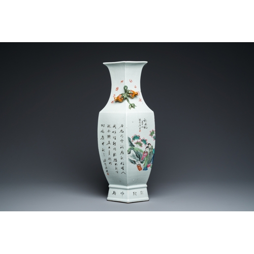 488 - A Chinese hexagonal famille rose vase, signed Pan Zhaotang æ½èå, dated 1920H.: 58,5 cm... 