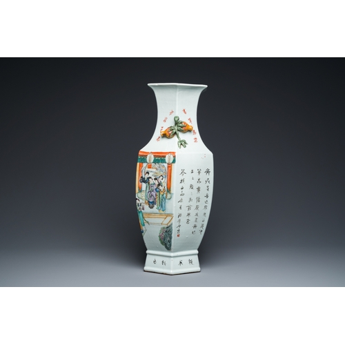 488 - A Chinese hexagonal famille rose vase, signed Pan Zhaotang æ½èå, dated 1920H.: 58,5 cm... 