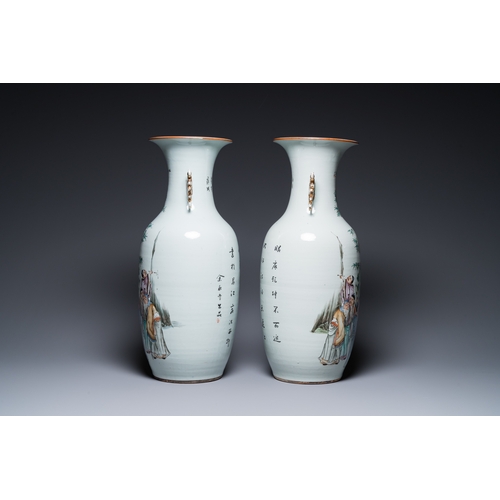 493 - A pair of Chinese famille rose vases, signed Yu Yongfeng ä½æ°¸è±, dated 1922H.: 57,5 cm... 