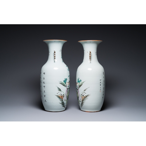 493 - A pair of Chinese famille rose vases, signed Yu Yongfeng ä½æ°¸è±, dated 1922H.: 57,5 cm... 