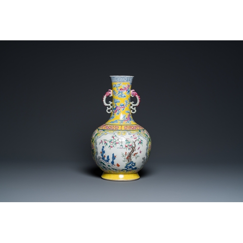 499 - A Chinese yellow-ground famille rose 'nine peaches' bottle vase, JiaqingH.: 39,5 cm