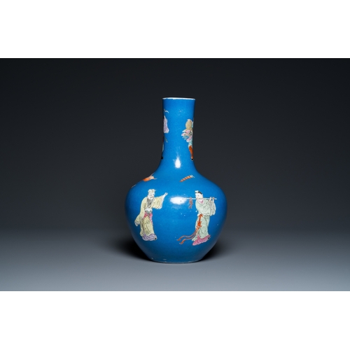 505 - A Chinese blue-ground famille rose 'eight immortals' bottle vase, Qianlong mark, 19th C.H.: 38,5 cm... 