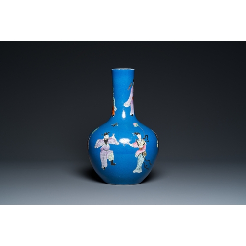 505 - A Chinese blue-ground famille rose 'eight immortals' bottle vase, Qianlong mark, 19th C.H.: 38,5 cm... 