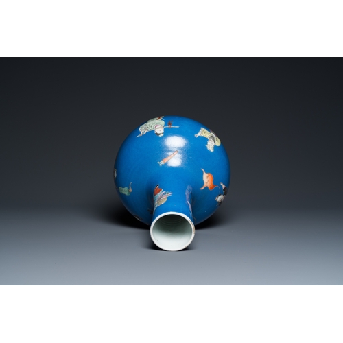 505 - A Chinese blue-ground famille rose 'eight immortals' bottle vase, Qianlong mark, 19th C.H.: 38,5 cm... 