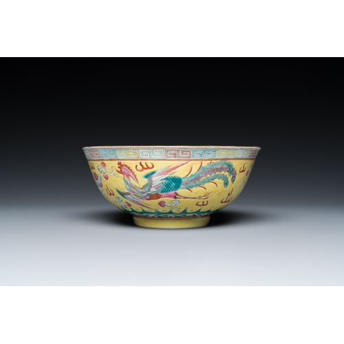 506 - A Chinese yellow-ground famille rose 'dragon and phoenix' bowl, Guangxu mark and of the periodDia.: ... 