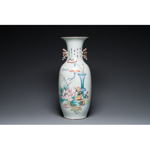 508 - A Chinese famille rose two-sided design vase with court scene, signed Xia Jingguang å¤éå»£, Repub... 