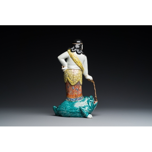 510 - A Chinese famille rose 'Liu Hai on the toad' sculpture, signed Huang Yuanxiang é»æºé , 19th C.H.:... 