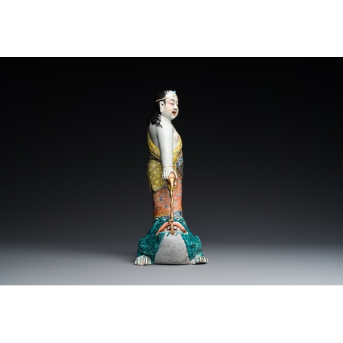 510 - A Chinese famille rose 'Liu Hai on the toad' sculpture, signed Huang Yuanxiang é»æºé , 19th C.H.:... 