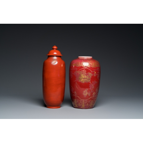 530 - A Chinese coral-red vase with cover and a gilt-decorated sang de boeuf-glazed vase, 19/20th C.H.: 31... 