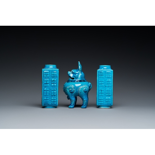 533 - A pair of Chinese monochrome turquoise-glazed 'cong' vases and a 'luduan' censer, 19/20th C.H.: 14 c... 