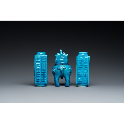 533 - A pair of Chinese monochrome turquoise-glazed 'cong' vases and a 'luduan' censer, 19/20th C.H.: 14 c... 