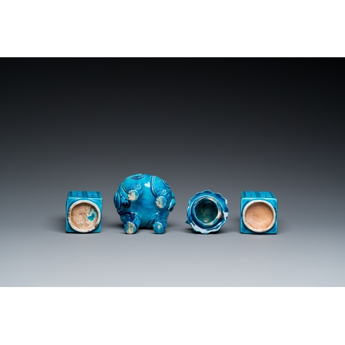 533 - A pair of Chinese monochrome turquoise-glazed 'cong' vases and a 'luduan' censer, 19/20th C.H.: 14 c... 