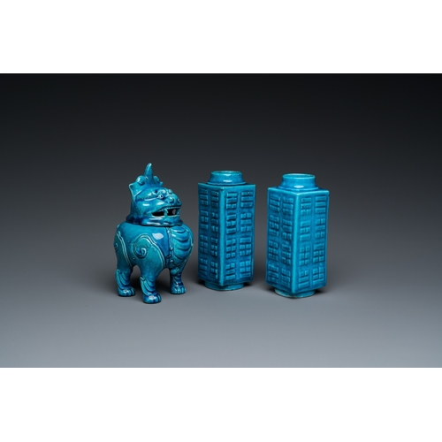 533 - A pair of Chinese monochrome turquoise-glazed 'cong' vases and a 'luduan' censer, 19/20th C.H.: 14 c... 