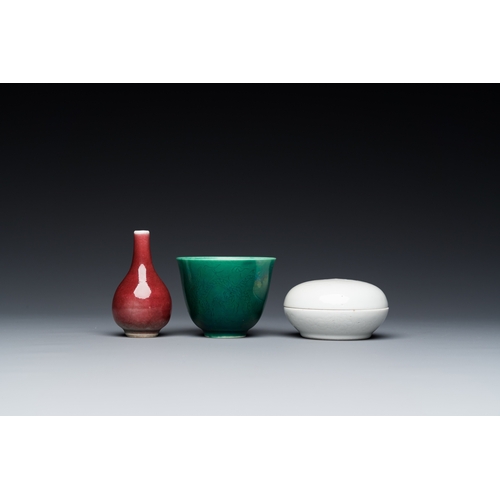 540 - A Chinese monochrome copper-red vase, a green anhua 'dragon' cup and a white-glazed box and cover, 1... 