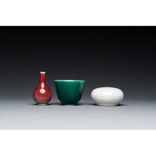 540 - A Chinese monochrome copper-red vase, a green anhua 'dragon' cup and a white-glazed box and cover, 1... 