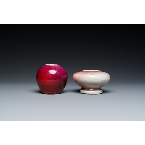 556 - Two Chinese flambe-glazed water pots, 19th C.Dia.: 9 cm - H.: 5,5 cm (the largest)