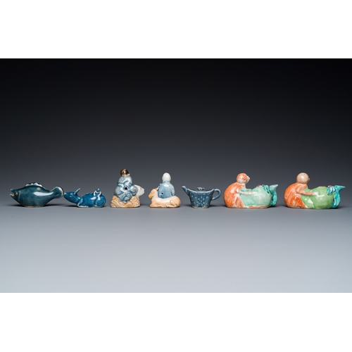 564 - Seven Chinese blue, white, famille rose and monochrome blue water droppers, Qianlong and laterL.: 11... 