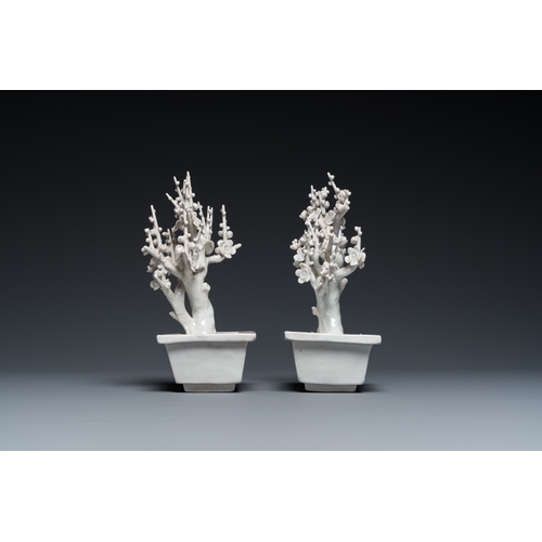 593 - A pair of Chinese Dehua blanc de Chine trees with birds, KangxiH.: 19 cm - L.: 11,5 cm... 