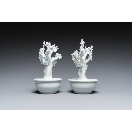 595 - A pair of Chinese blanc de Chine models of trees in jardinieres, KangxiH.: 17,5 cm