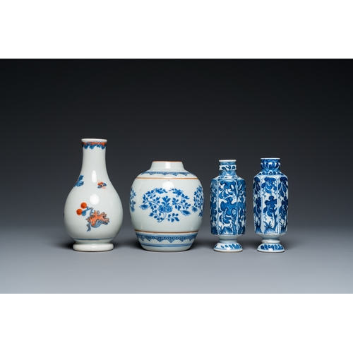 606 - Three Chinese blue and white vases and an Imari-style vase, KangxiH.: 15,5 cm (the tallest)... 